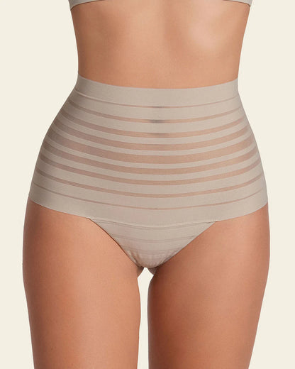 Slimming Lace Stripe High-Waisted Thong Panty - M & XL left!