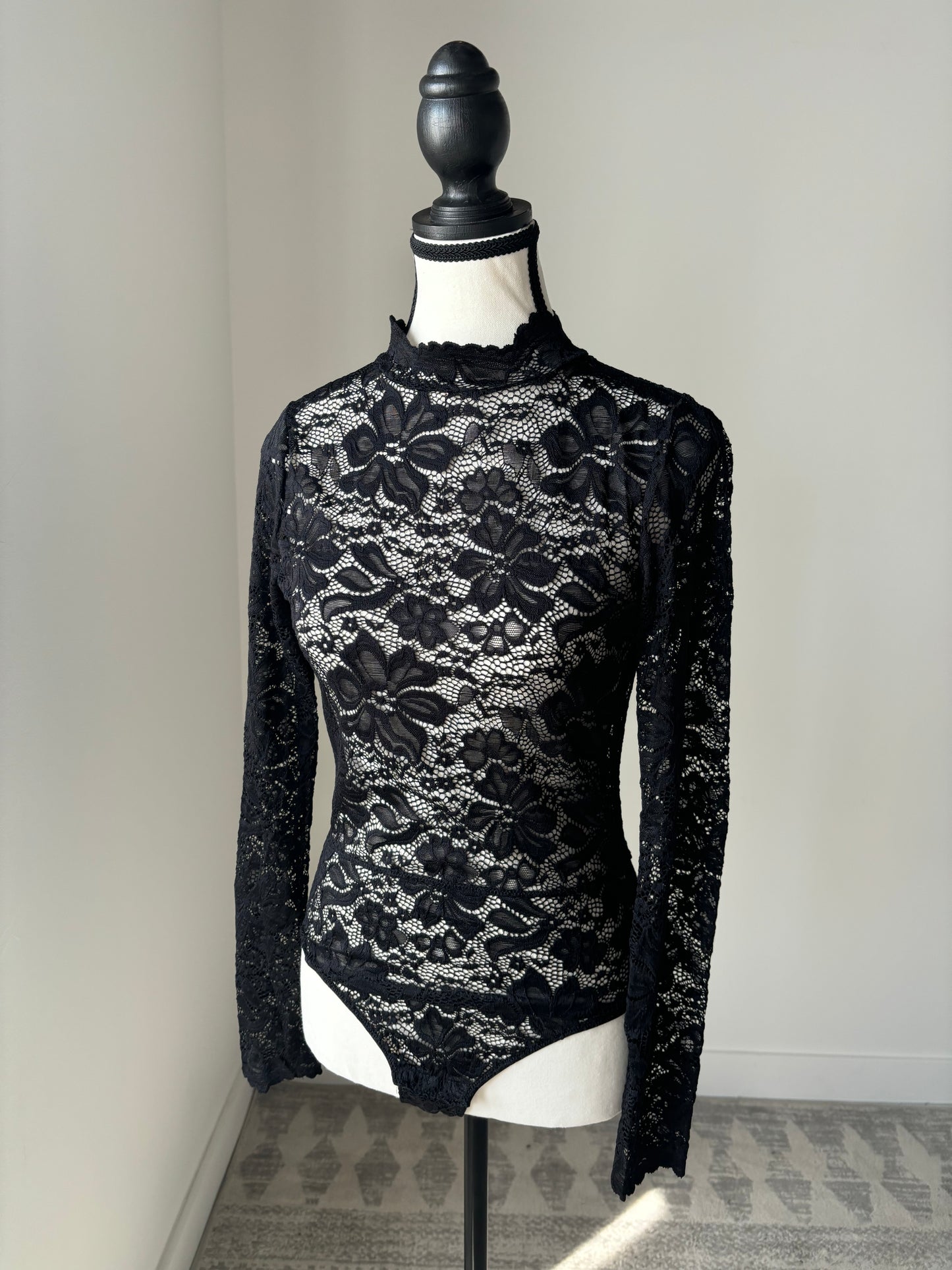 Black Lace Long Sleeve Bodysuit - L & XL left