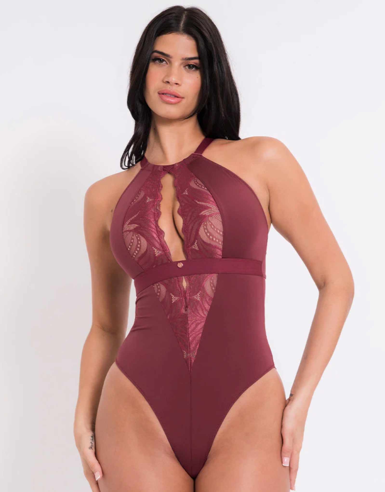 Ivory Rose Curve lace underwired mesh thong bodysuit in red