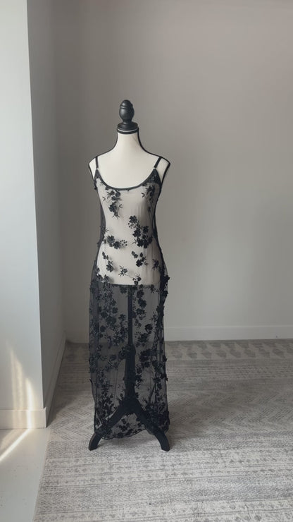 Black 3D Embroidery Slip Maxi Dress - 1 XL left!